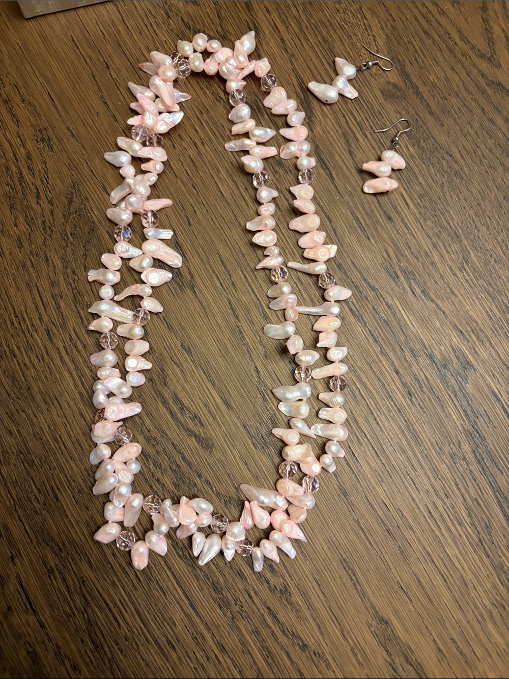 Handcrafted coral Pink Pearl Cluster Necklace & Earrings Set